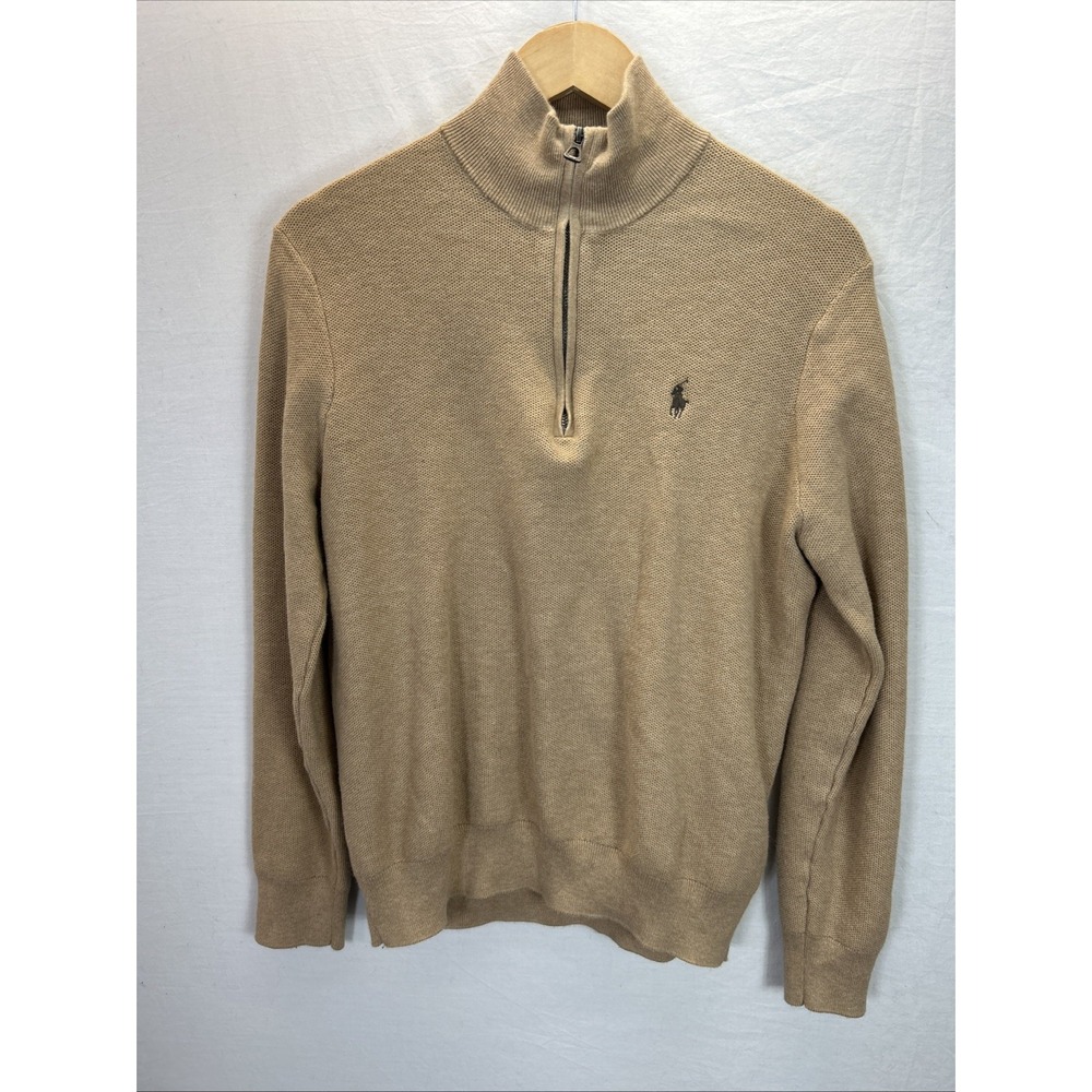 Men's Polo Ralph Lauren Mesh-Knit Cotton 1/4 Zip Sweater Sz M Tan Preppy Golf